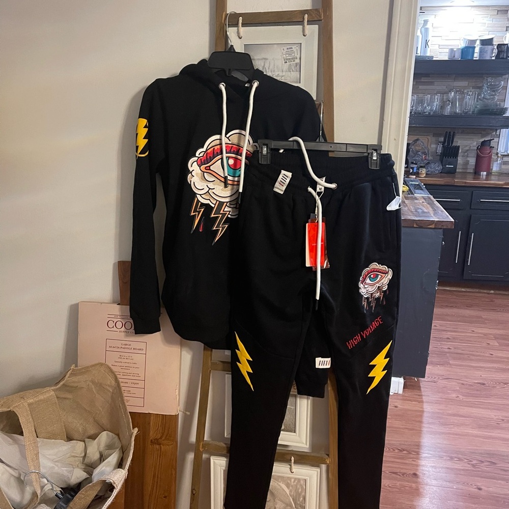 Black Hoodie and Joggers Set with Eye and Lightning Design